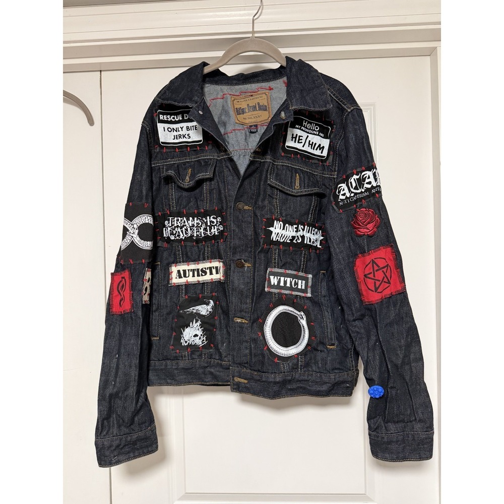 Hilfiger Brand Denim mcmlxxxv, Denim Jacket with handsewn‎ patches, Size Medium